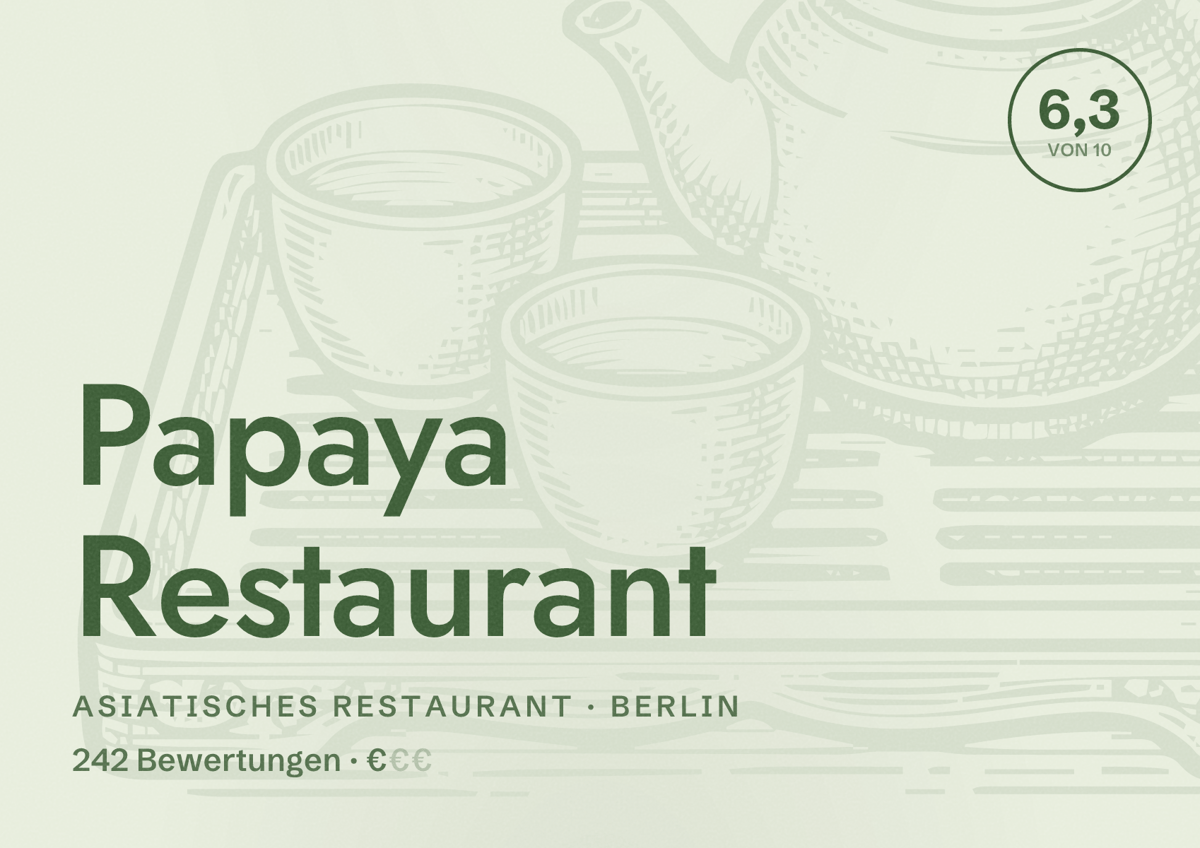 Illustriertes Poster von Papaya Restaurant, Asiatisches Restaurant in Berlin: Bewertung 6,3 von 10 aus 242 Bewertungen, Preisniveau €