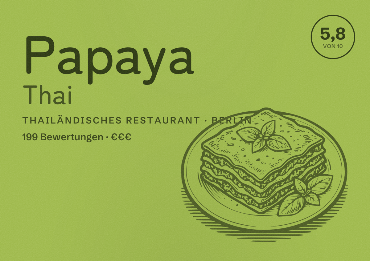 Illustriertes Poster von Papaya Thai, Thailändisches Restaurant in Berlin: Bewertung 5,8 von 10 aus 199 Bewertungen, Preisniveau €€€