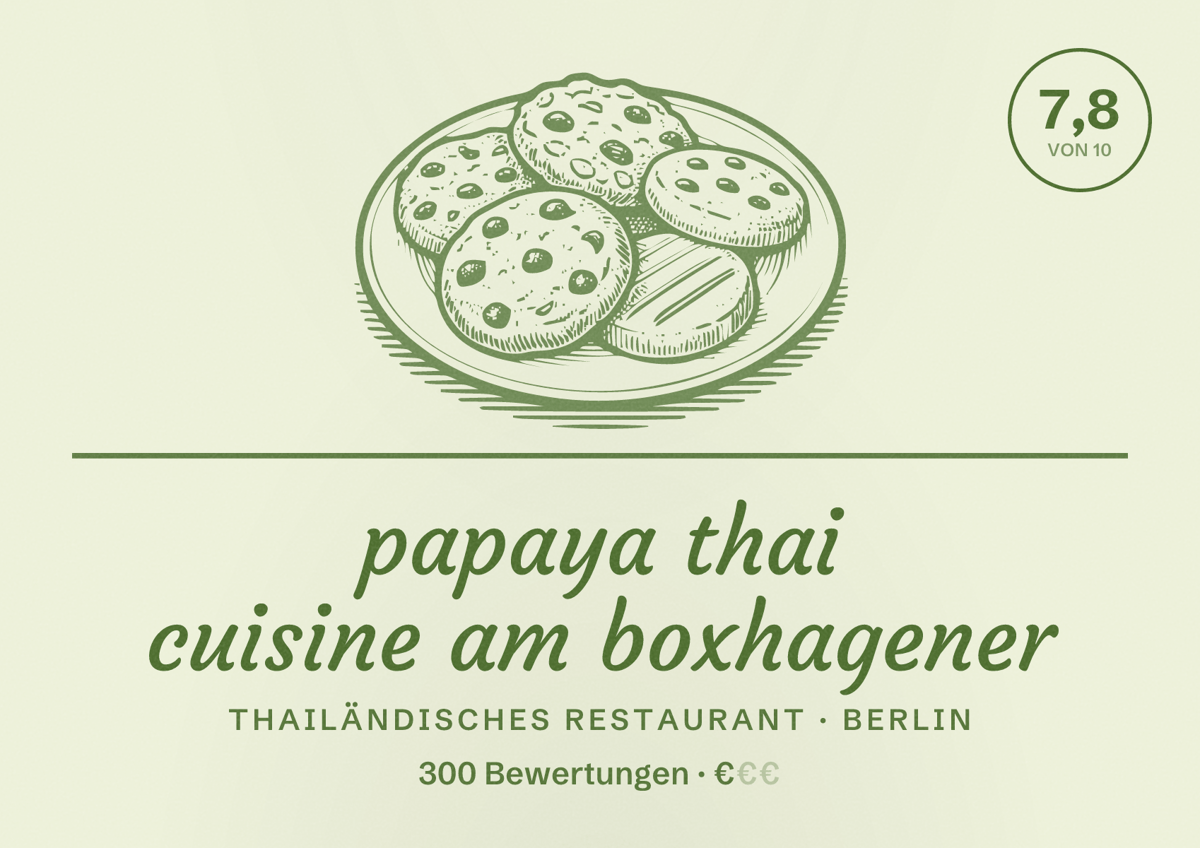 Illustriertes Poster von papaya thai cuisine am boxhagener, Thailändisches Restaurant in Berlin: Bewertung 7,8 von 10 aus 300 Bewertungen, Preisniveau €
