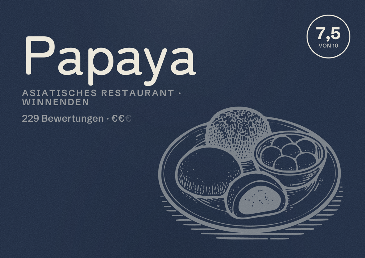 Illustriertes Poster von Papaya, Asiatisches Restaurant in Winnenden: Bewertung 7,5 von 10 aus 229 Bewertungen, Preisniveau €€