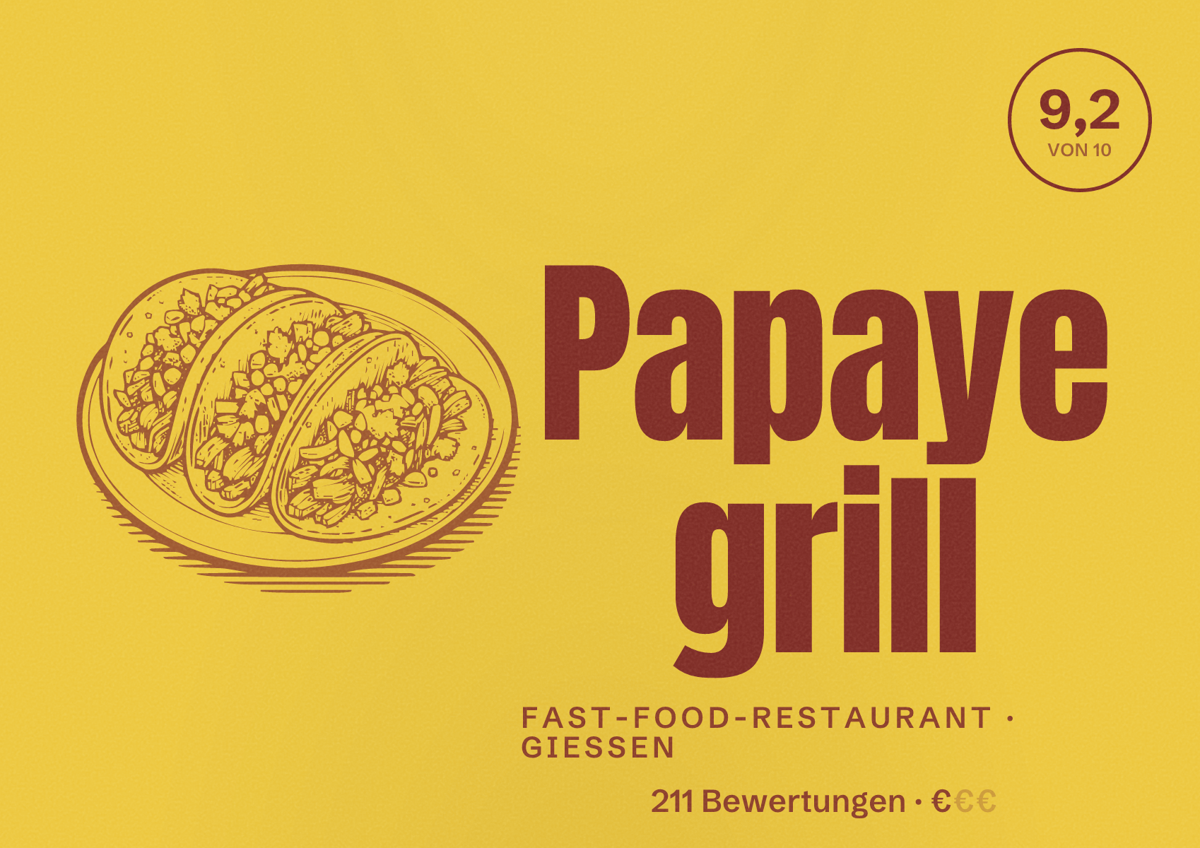 Illustriertes Poster von Papaye grill, Fast-Food-Restaurant in Gießen: Bewertung 9,2 von 10 aus 211 Bewertungen, Preisniveau €