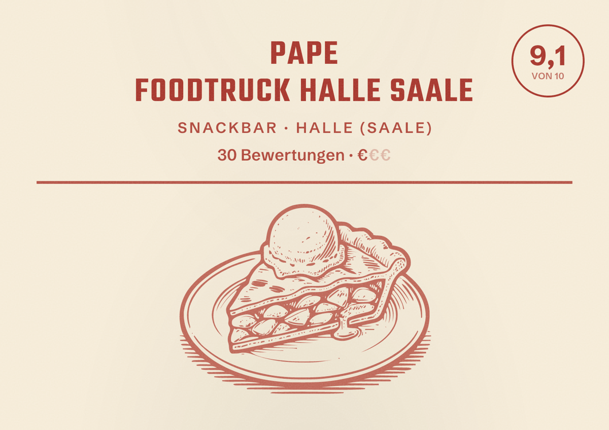 Illustriertes Poster von Pape Foodtruck Halle Saale, Snackbar in Halle (Saale): Bewertung 9,1 von 10 aus 30 Bewertungen, Preisniveau €