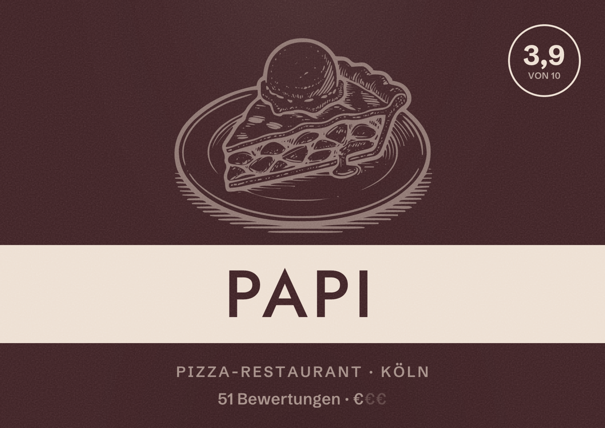 Illustriertes Poster von Papi, Pizza-Restaurant in Köln: Bewertung 3,9 von 10 aus 51 Bewertungen, Preisniveau €