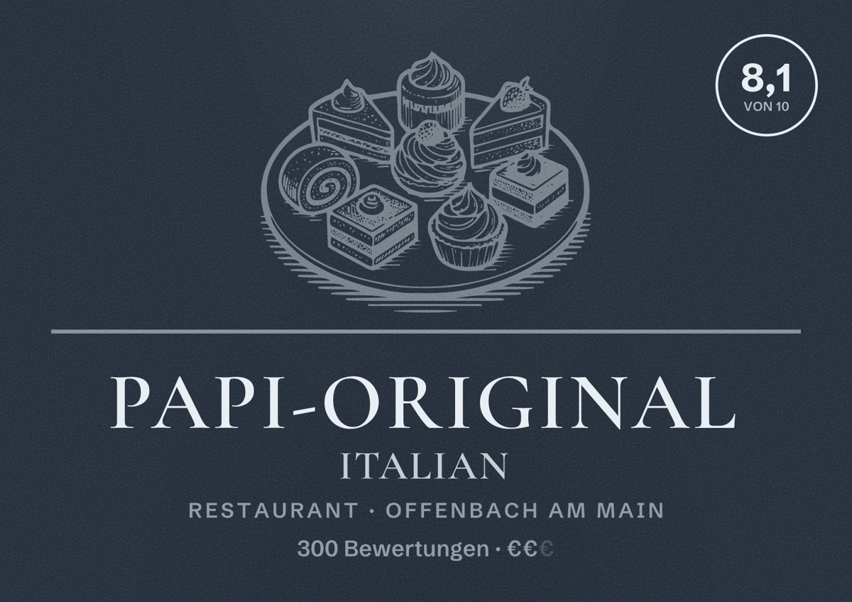 Illustriertes Poster von PAPI-Original Italian, Restaurant in Offenbach am Main: Bewertung 8,1 von 10 aus 300 Bewertungen, Preisniveau €€