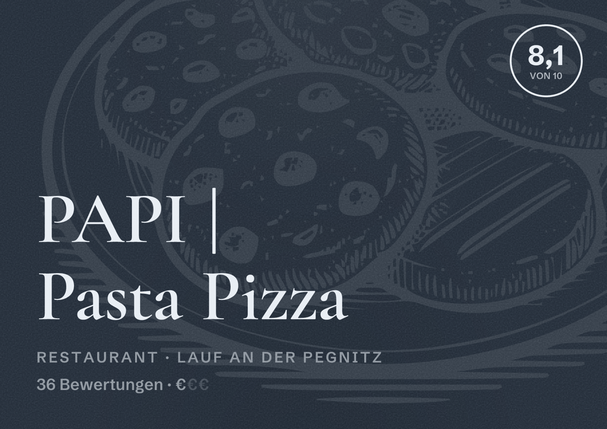 Illustriertes Poster von PAPI | Pasta Pizza, Restaurant in Lauf an der Pegnitz: Bewertung 8,1 von 10 aus 36 Bewertungen, Preisniveau €