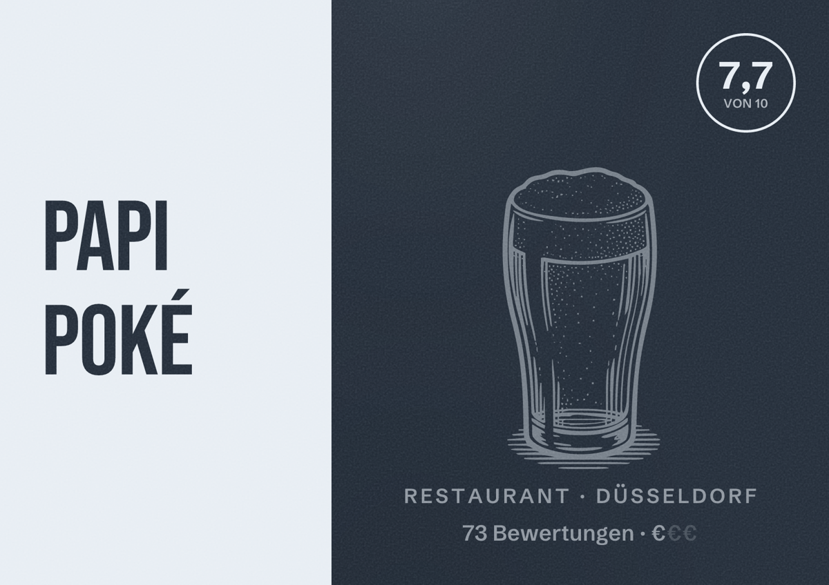 Illustriertes Poster von Papi Poké, Restaurant in Düsseldorf: Bewertung 7,7 von 10 aus 73 Bewertungen, Preisniveau €