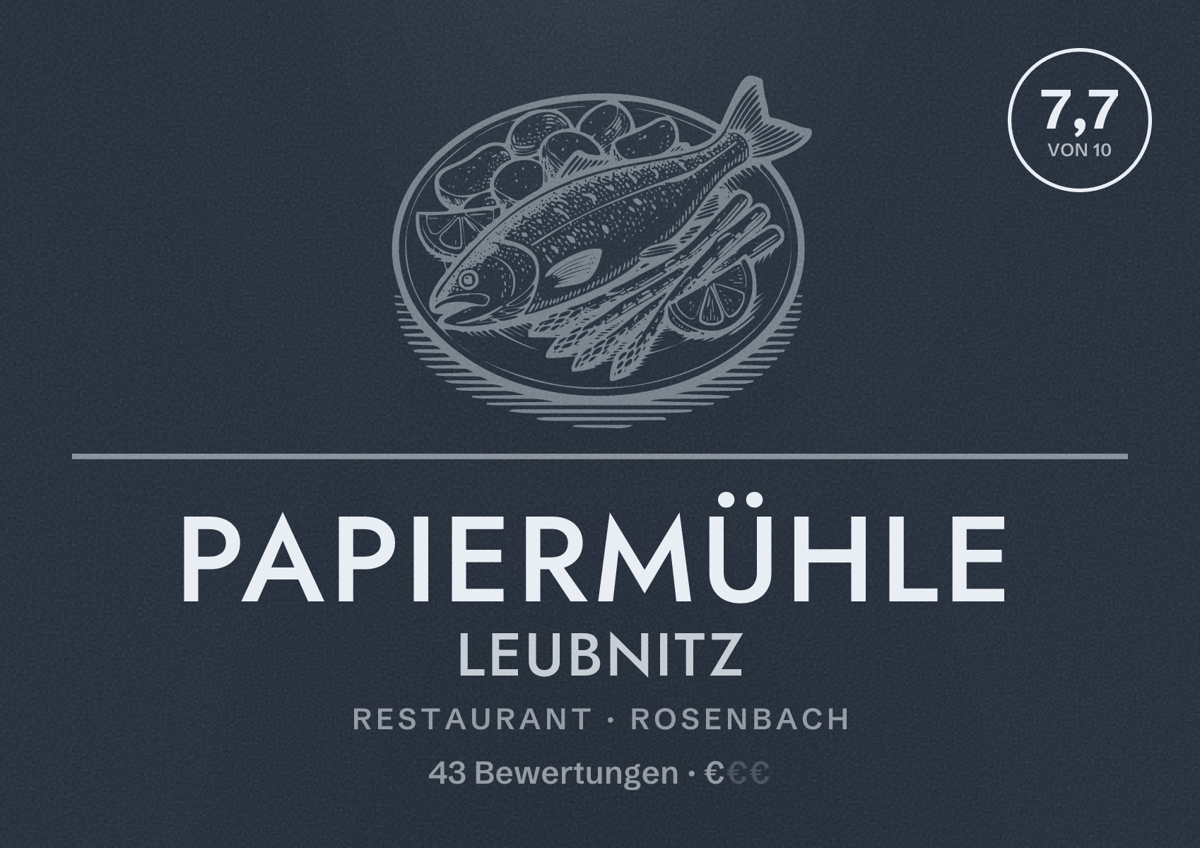 Illustriertes Poster von Papiermühle Leubnitz, Restaurant in Rosenbach: Bewertung 7,7 von 10 aus 43 Bewertungen, Preisniveau €