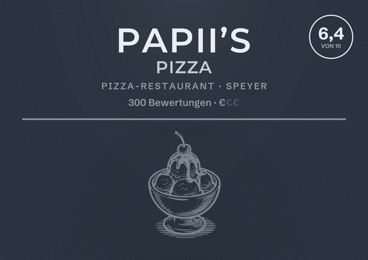Illustriertes Poster von Papii’s Pizza, Pizza-Restaurant in Speyer: Bewertung 6,4 von 10 aus 300 Bewertungen, Preisniveau €