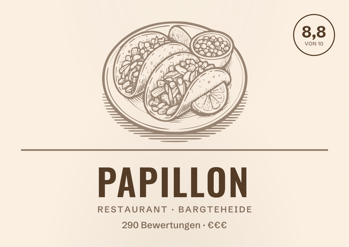 Illustriertes Poster von Papillon, Restaurant in Bargteheide: Bewertung 8,8 von 10 aus 290 Bewertungen, Preisniveau €€€