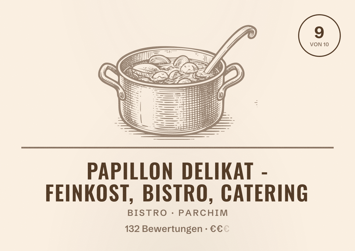 Illustriertes Poster von Papillon Delikat - Feinkost, Bistro, Catering, Bistro in Parchim: Bewertung 9 von 10 aus 132 Bewertungen, Preisniveau €€