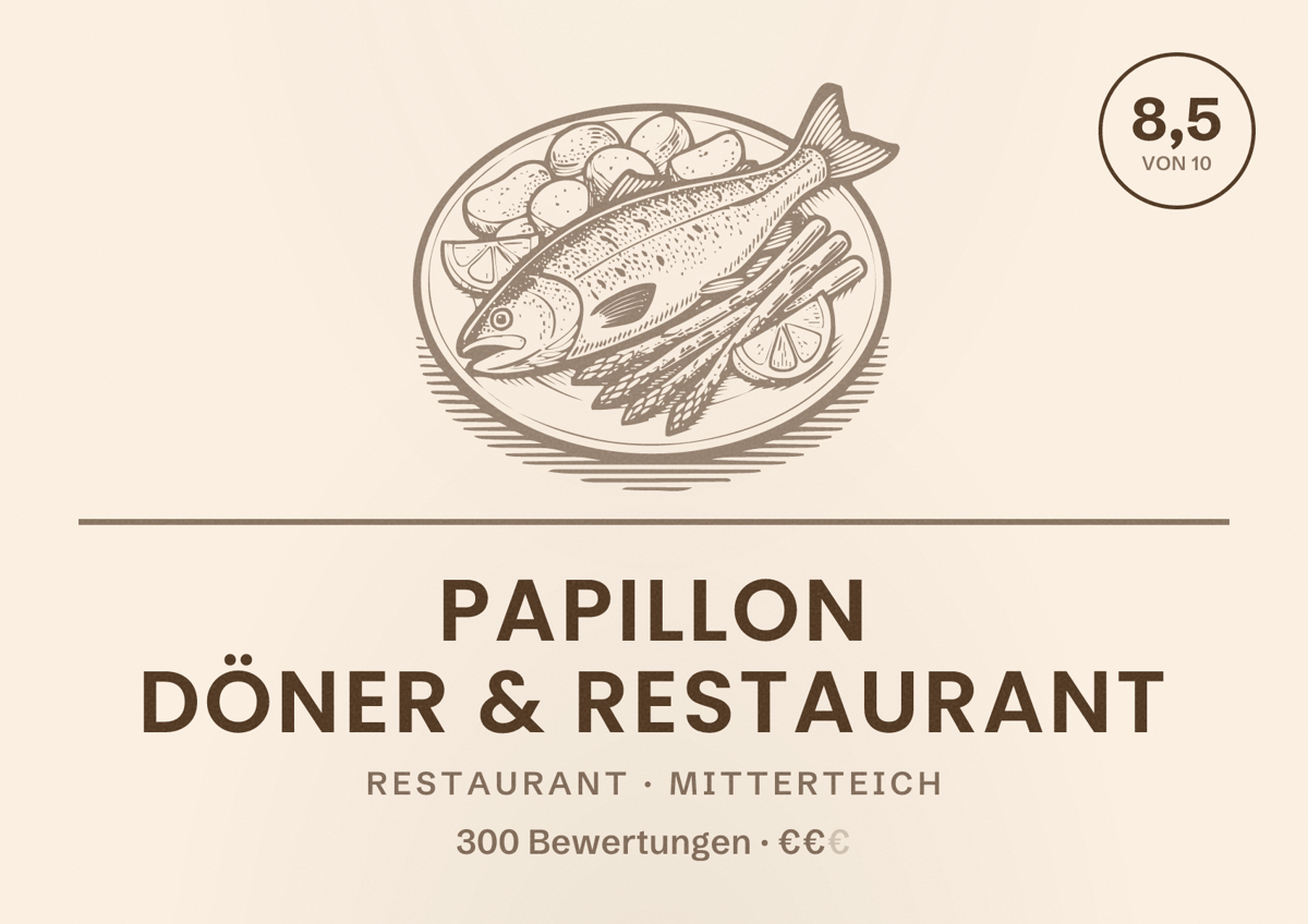 Illustriertes Poster von Papillon Döner & Restaurant, Restaurant in Mitterteich: Bewertung 8,5 von 10 aus 300 Bewertungen, Preisniveau €€