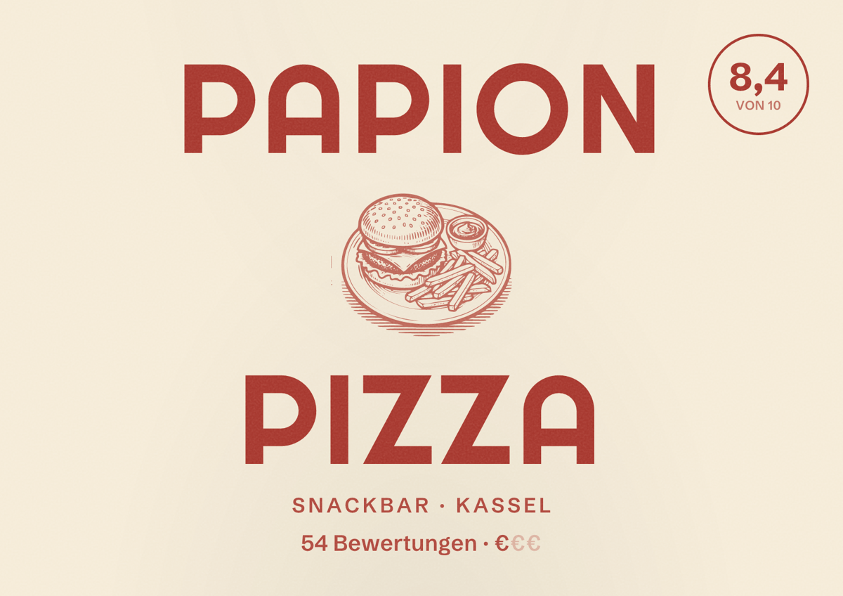 Illustriertes Poster von Papion Pizza, Snackbar in Kassel: Bewertung 8,4 von 10 aus 54 Bewertungen, Preisniveau €