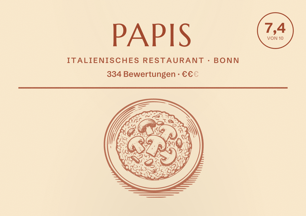 Illustriertes Poster von Papis, Italienisches Restaurant in Bonn: Bewertung 7,4 von 10 aus 334 Bewertungen, Preisniveau €€