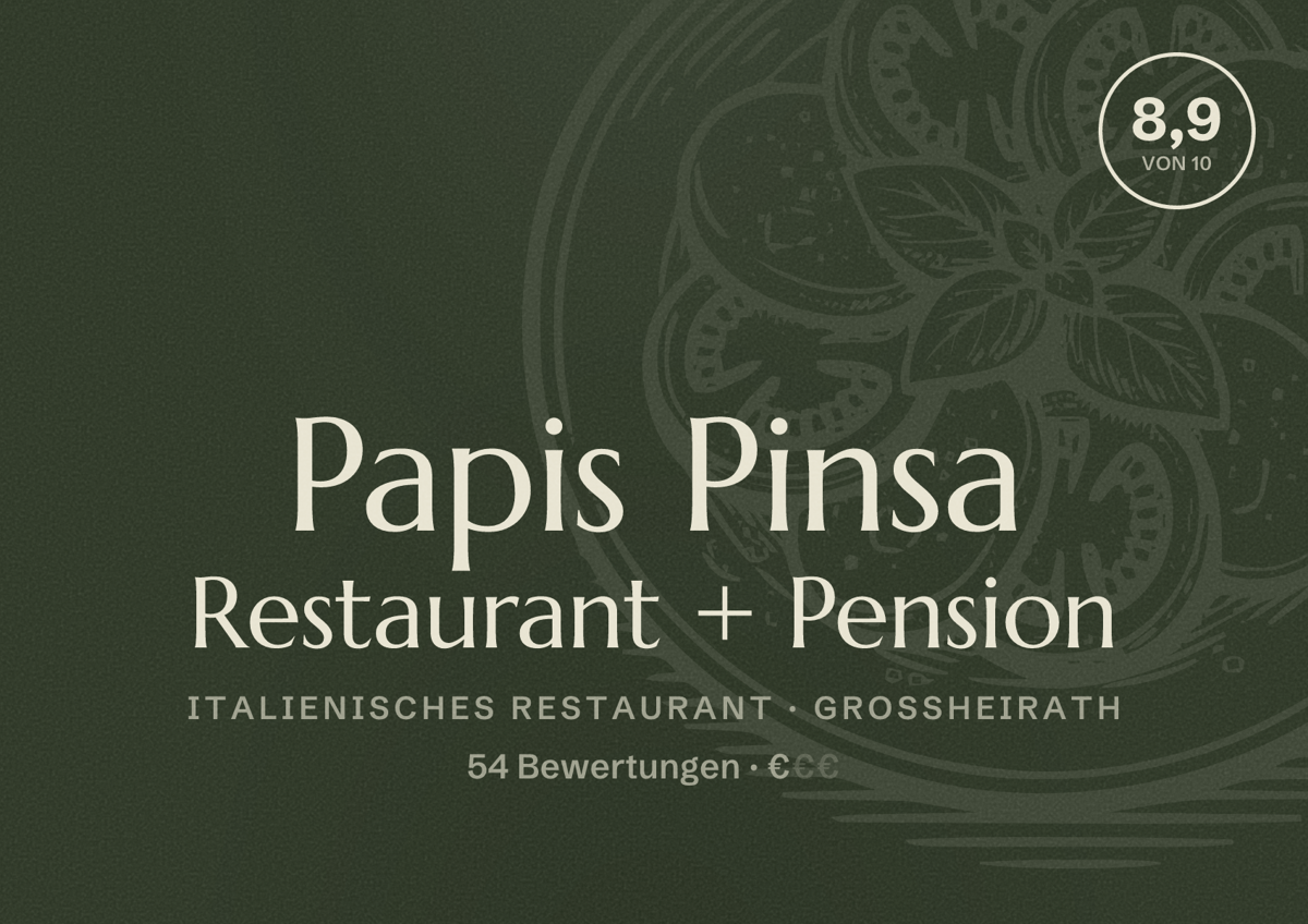 Illustriertes Poster von Papis Pinsa Restaurant + Pension, Italienisches Restaurant in Großheirath: Bewertung 8,9 von 10 aus 54 Bewertungen, Preisniveau €