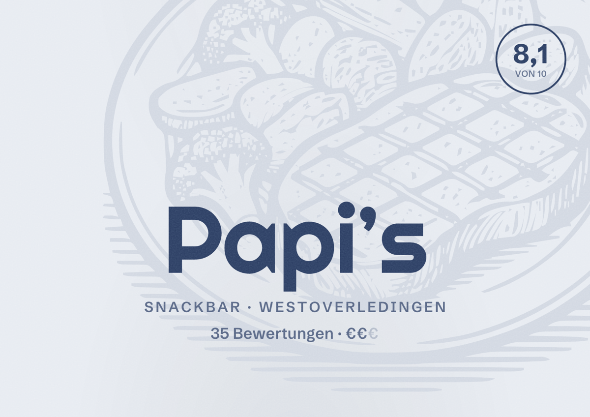 Illustriertes Poster von Papi’s, Snackbar in Westoverledingen: Bewertung 8,1 von 10 aus 35 Bewertungen, Preisniveau €€