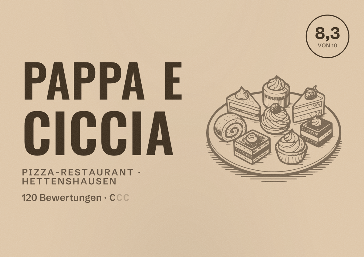Illustriertes Poster von Pappa e Ciccia, Pizza-Restaurant in Hettenshausen: Bewertung 8,3 von 10 aus 120 Bewertungen, Preisniveau €