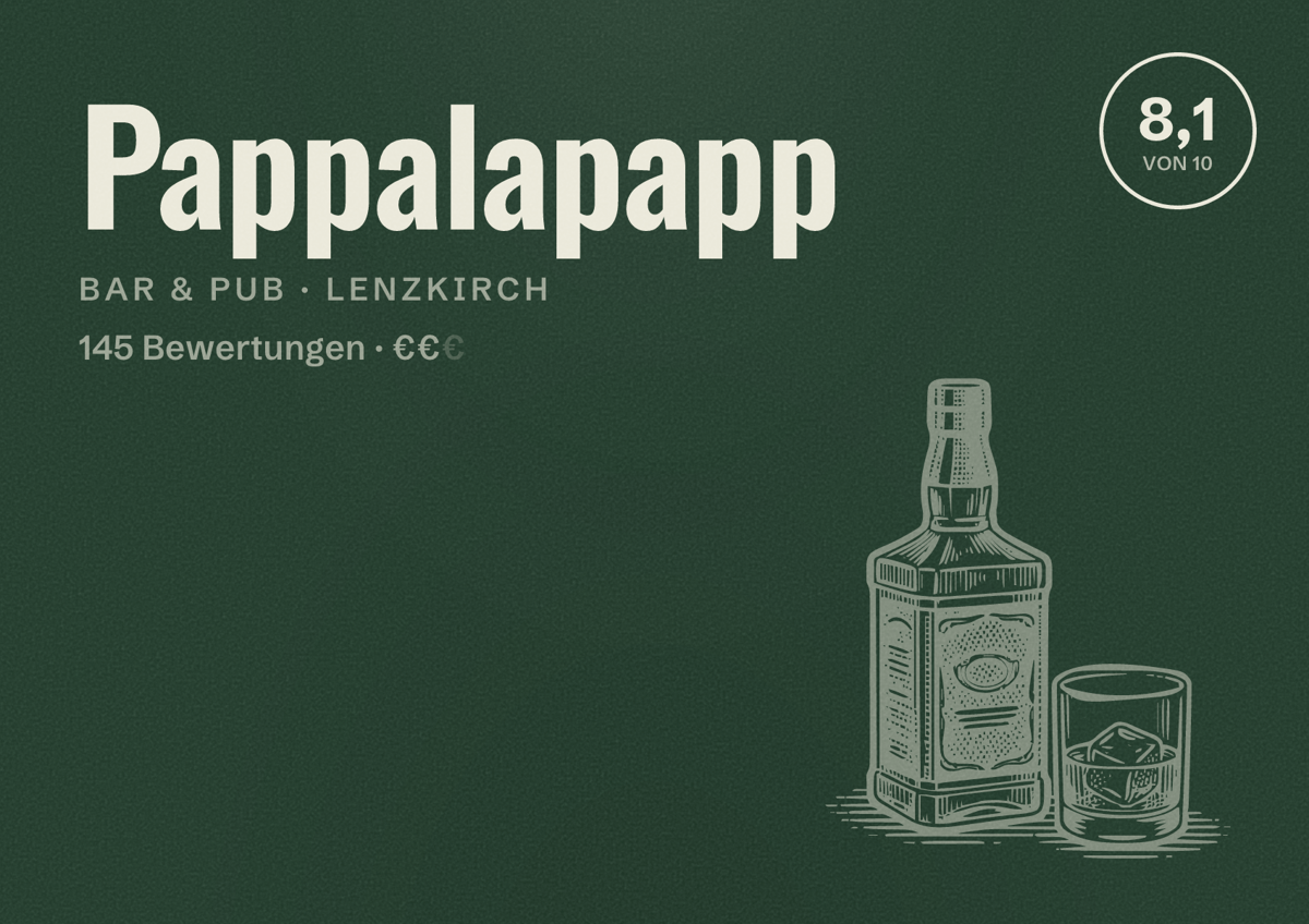 Illustriertes Poster von Pappalapapp, Bar & Pub in Lenzkirch: Bewertung 8,1 von 10 aus 145 Bewertungen, Preisniveau €€