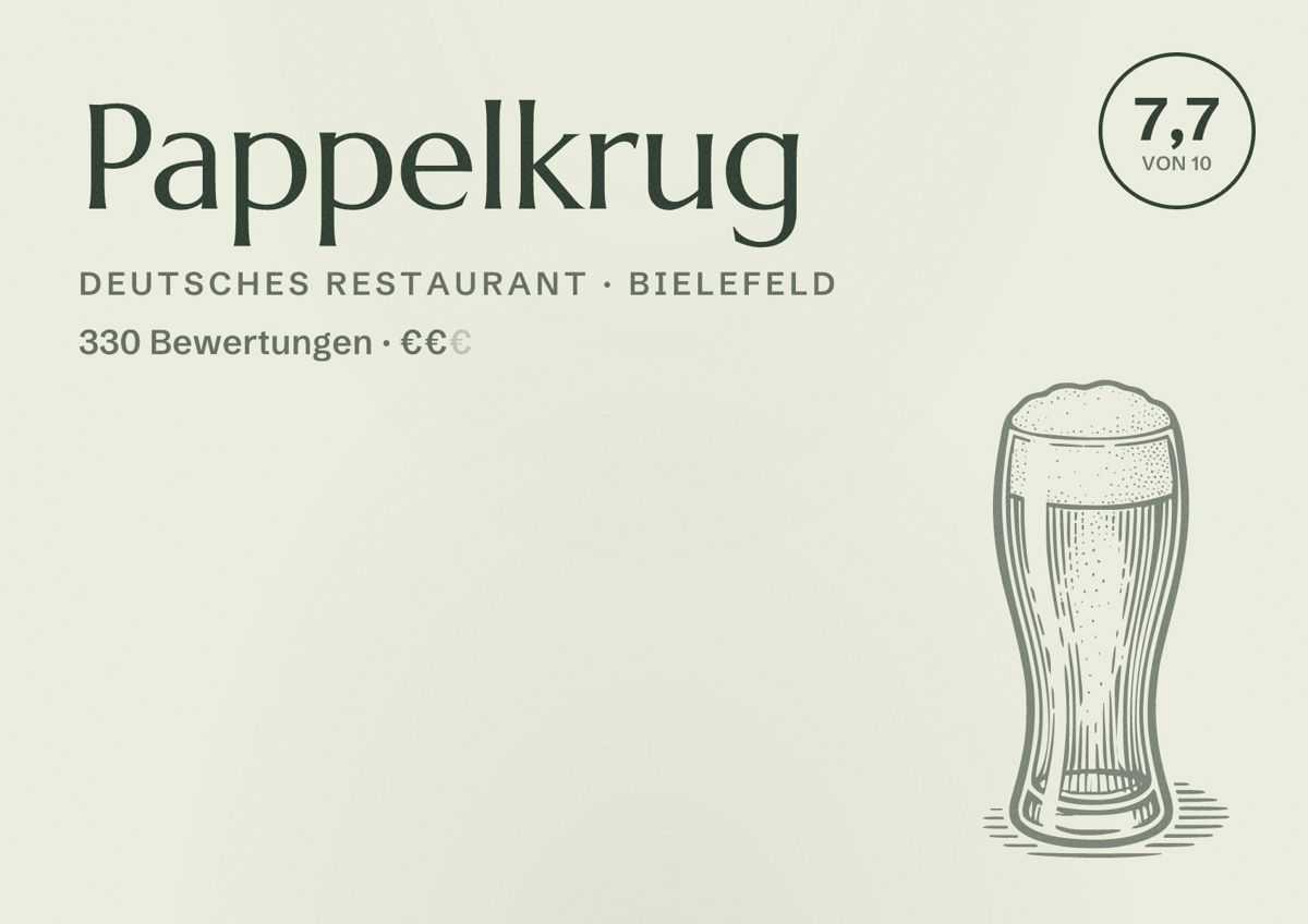 Illustriertes Poster von Pappelkrug, Deutsches Restaurant in Bielefeld: Bewertung 7,7 von 10 aus 330 Bewertungen, Preisniveau €€