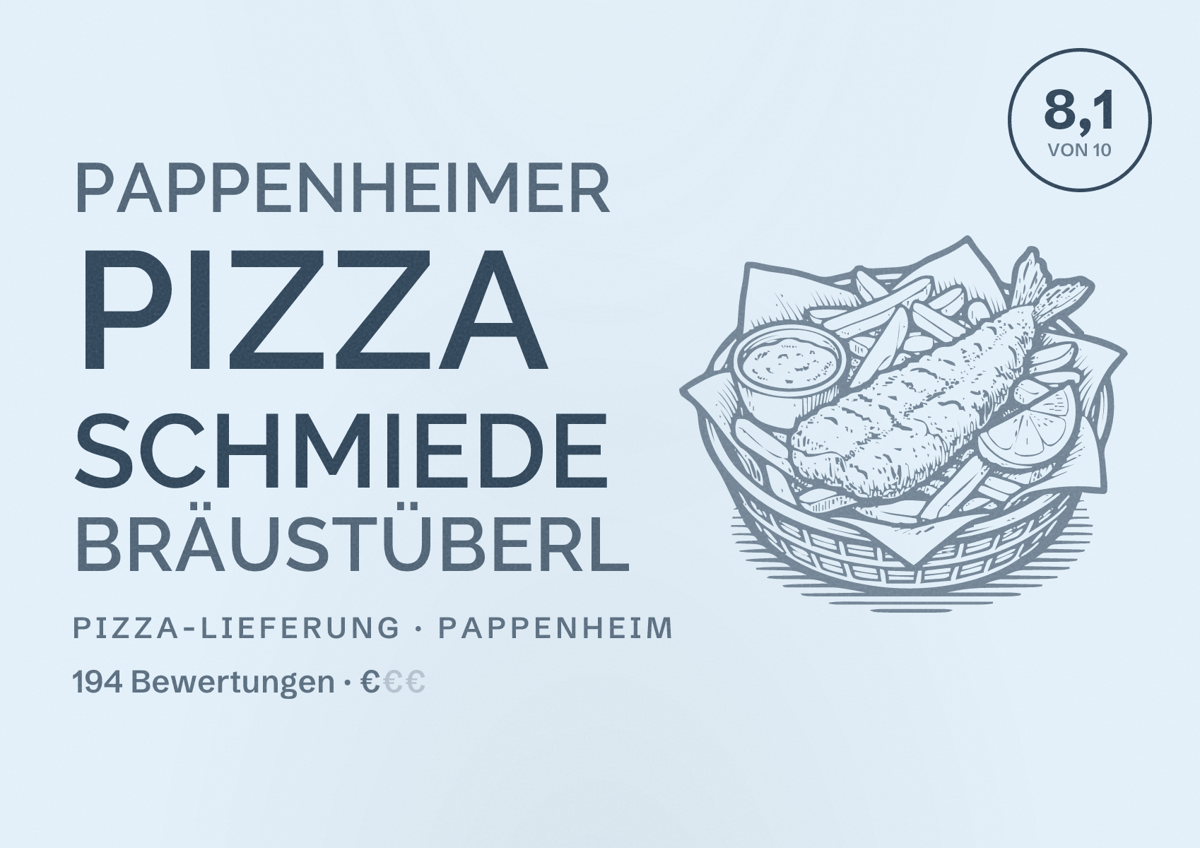 Illustriertes Poster von Pappenheimer Pizza Schmiede Bräustüberl, Pizza-Lieferung in Pappenheim: Bewertung 8,1 von 10 aus 194 Bewertungen, Preisniveau €
