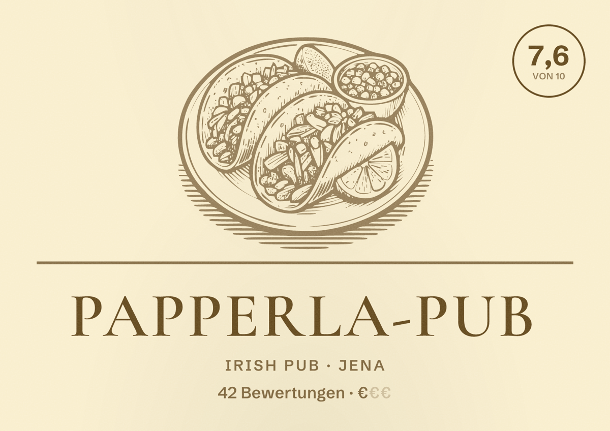 Illustriertes Poster von Papperla-Pub, Irish Pub in Jena: Bewertung 7,6 von 10 aus 42 Bewertungen, Preisniveau €