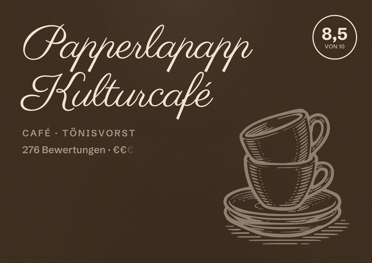 Illustriertes Poster von Papperlapapp Kulturcafé, Café in Tönisvorst: Bewertung 8,5 von 10 aus 276 Bewertungen, Preisniveau €€