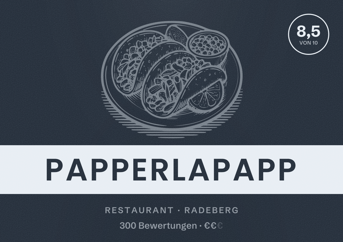Illustriertes Poster von Papperlapapp, Restaurant in Radeberg: Bewertung 8,5 von 10 aus 300 Bewertungen, Preisniveau €€