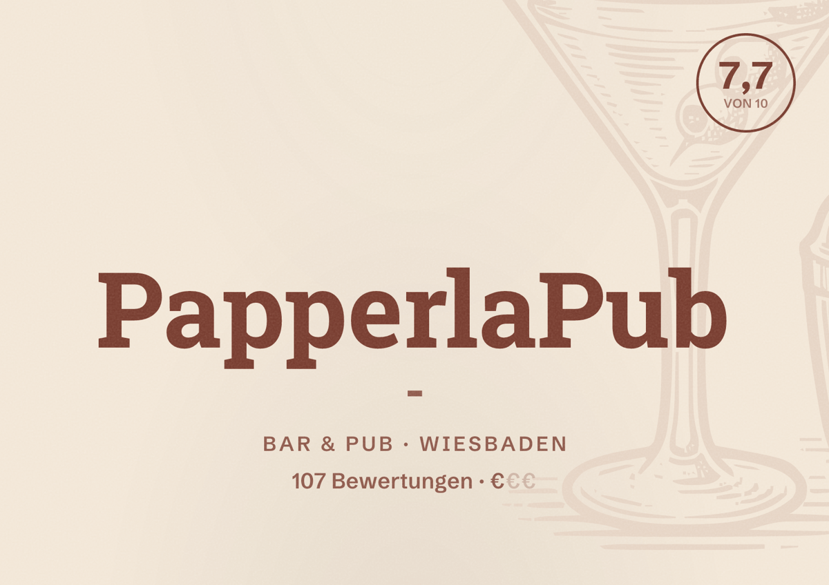Illustriertes Poster von PapperlaPub -, Bar & Pub in Wiesbaden: Bewertung 7,7 von 10 aus 107 Bewertungen, Preisniveau €