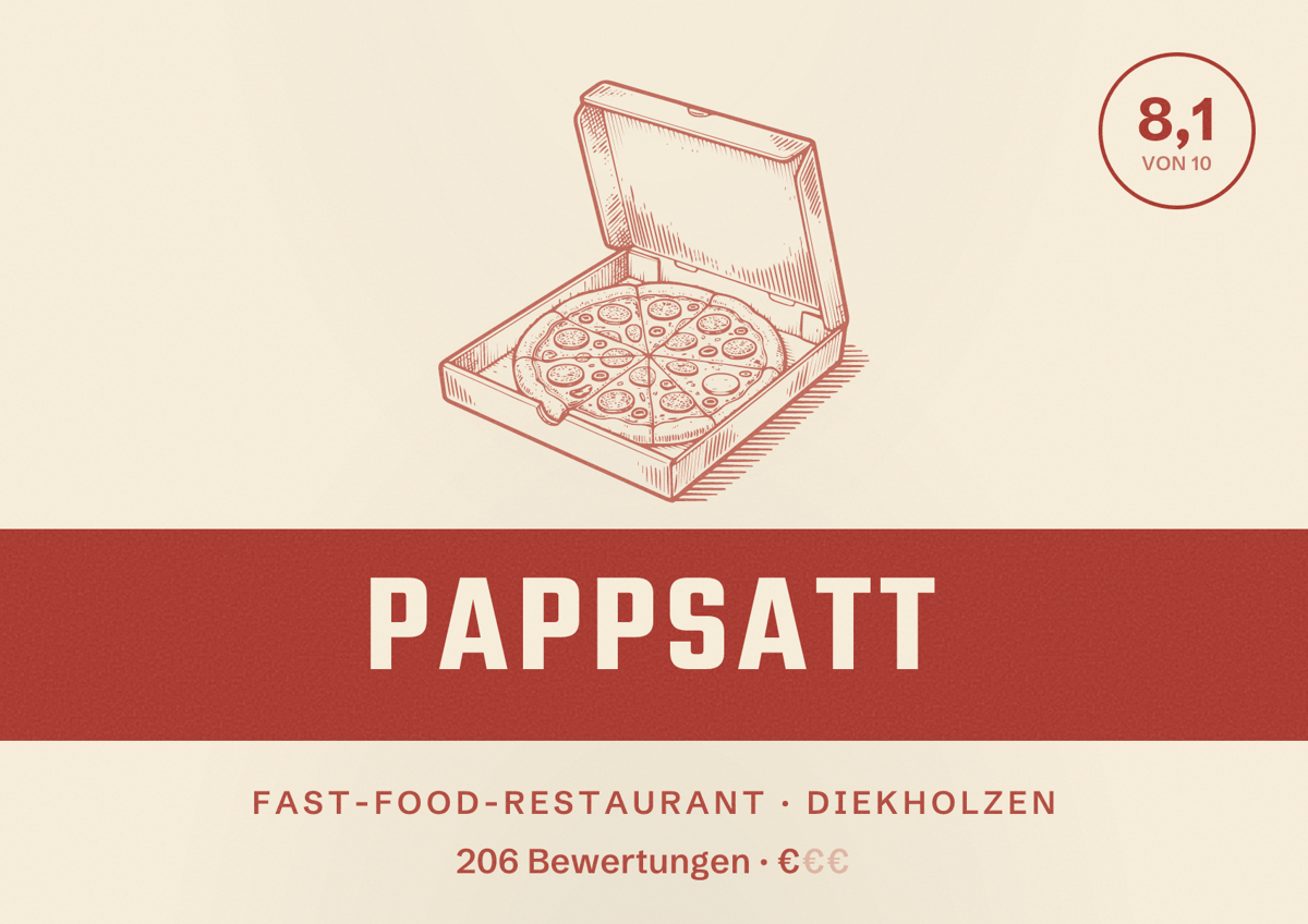 Illustriertes Poster von Pappsatt, Fast-Food-Restaurant in Diekholzen: Bewertung 8,1 von 10 aus 206 Bewertungen, Preisniveau €