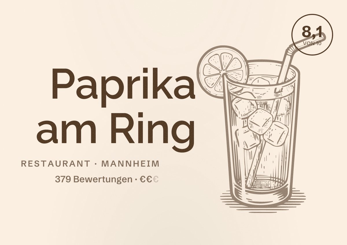 Illustriertes Poster von Paprika am Ring, Restaurant in Mannheim: Bewertung 8,1 von 10 aus 379 Bewertungen, Preisniveau €€