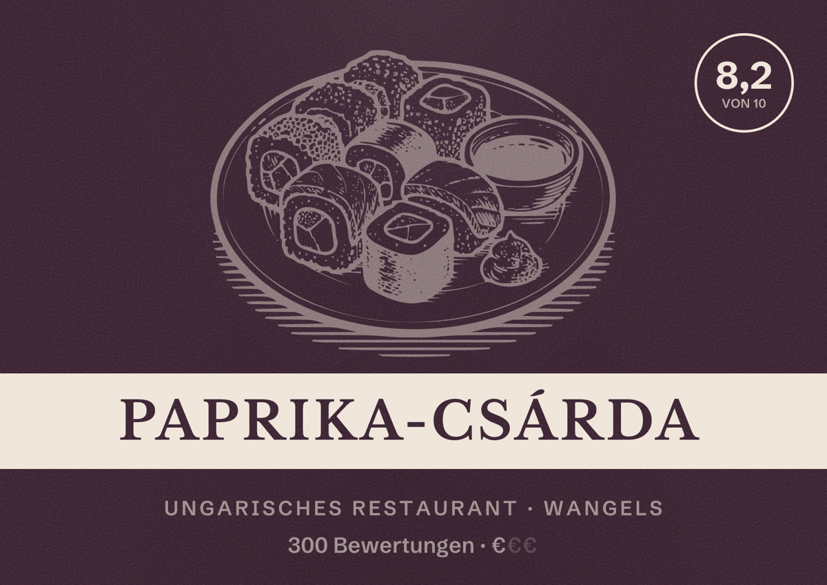 Illustriertes Poster von Paprika-csárda, Ungarisches Restaurant in Wangels: Bewertung 8,2 von 10 aus 300 Bewertungen, Preisniveau €