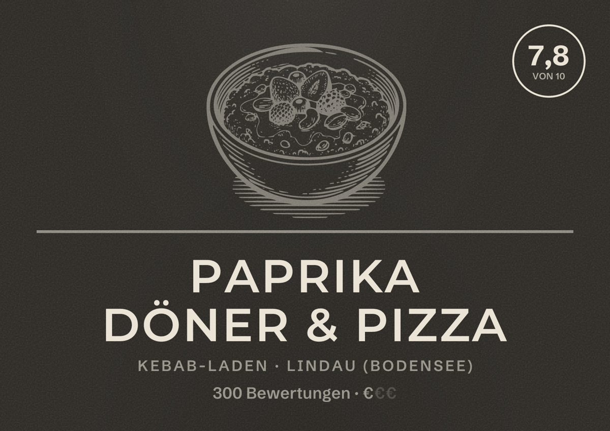 Illustriertes Poster von Paprika Döner & Pizza, Kebab-Laden in Lindau (Bodensee): Bewertung 7,8 von 10 aus 300 Bewertungen, Preisniveau €