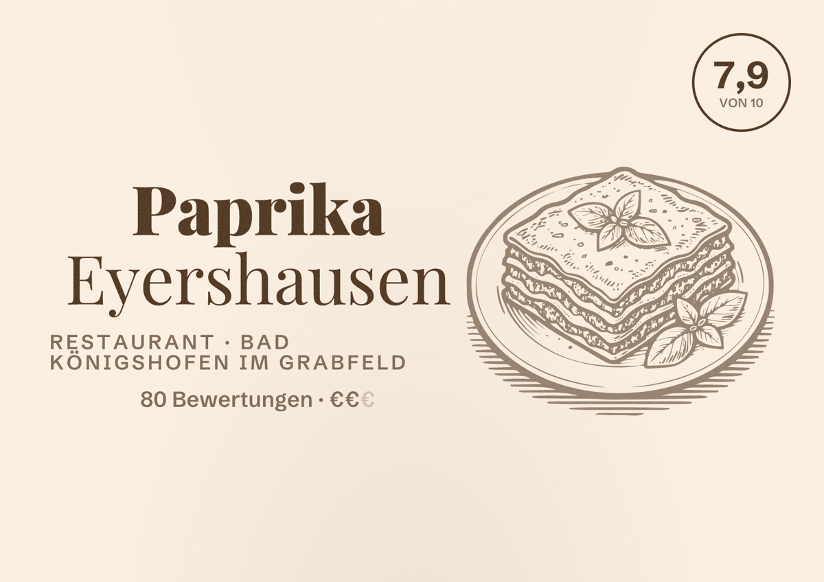 Illustriertes Poster von Paprika Eyershausen, Restaurant in Bad Königshofen im Grabfeld: Bewertung 7,9 von 10 aus 80 Bewertungen, Preisniveau €€