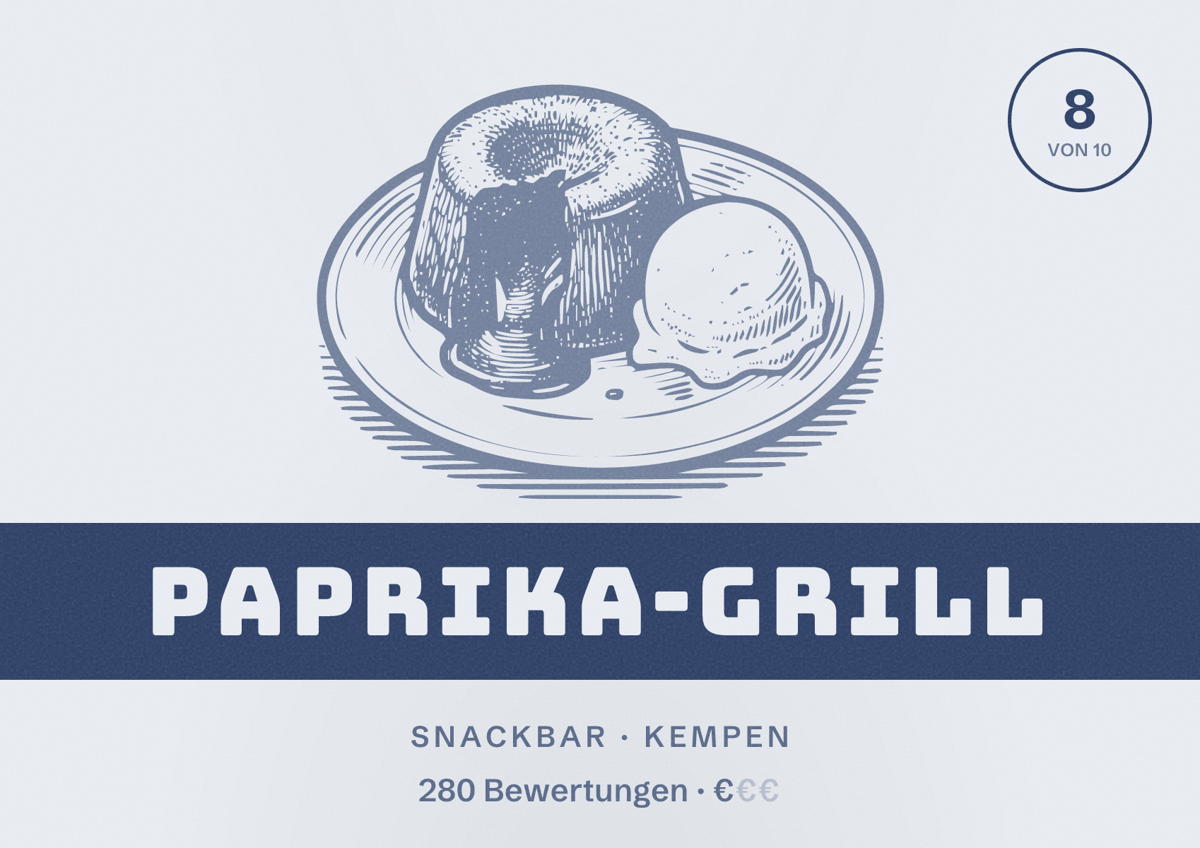 Illustriertes Poster von Paprika-Grill, Snackbar in Kempen: Bewertung 8 von 10 aus 280 Bewertungen, Preisniveau €