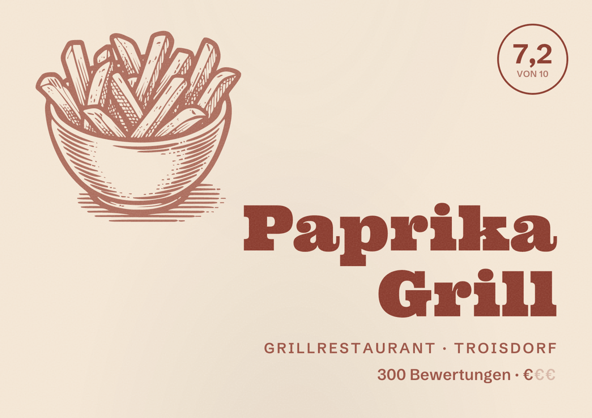Illustriertes Poster von Paprika Grill, Grillrestaurant in Troisdorf: Bewertung 7,2 von 10 aus 300 Bewertungen, Preisniveau €