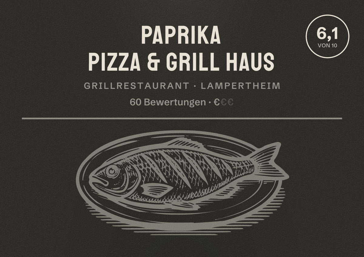 Illustriertes Poster von Paprika Pizza & Grill Haus, Grillrestaurant in Lampertheim: Bewertung 6,1 von 10 aus 60 Bewertungen, Preisniveau €