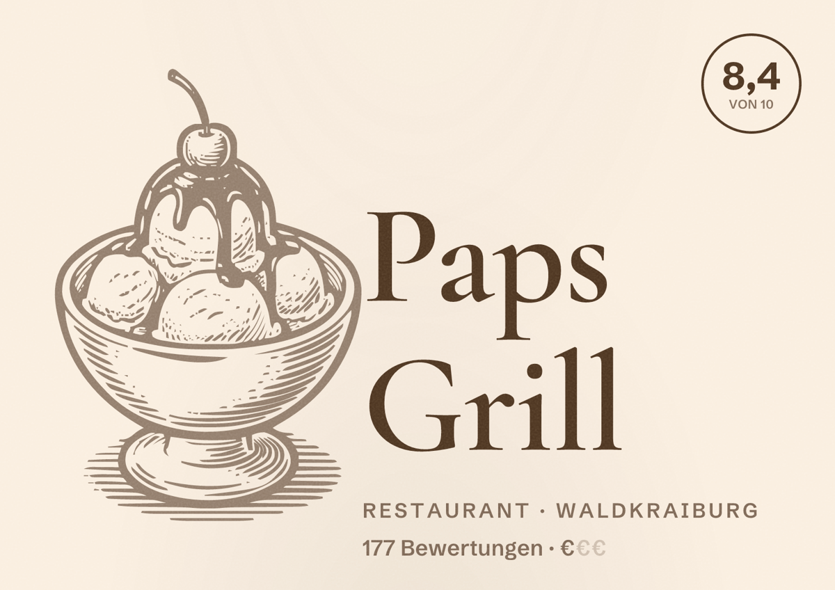Illustriertes Poster von Paps Grill, Restaurant in Waldkraiburg: Bewertung 8,4 von 10 aus 177 Bewertungen, Preisniveau €