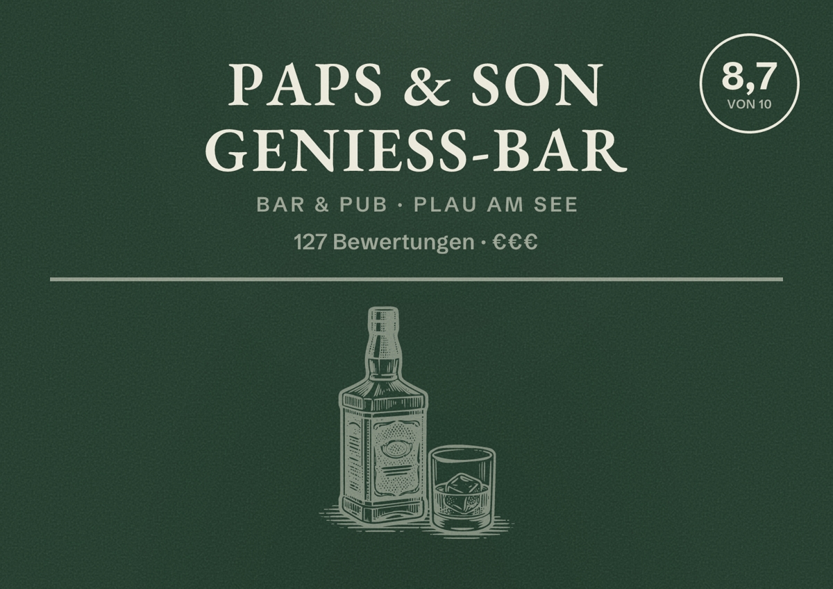 Illustriertes Poster von Paps & Son Geniess-Bar, Bar & Pub in Plau am See: Bewertung 8,7 von 10 aus 127 Bewertungen, Preisniveau €€€