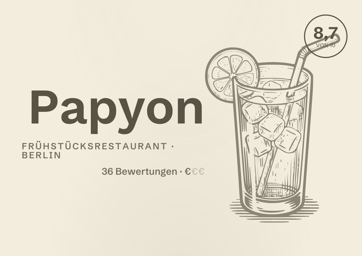Illustriertes Poster von Papyon, Frühstücksrestaurant in Berlin: Bewertung 8,7 von 10 aus 36 Bewertungen, Preisniveau €