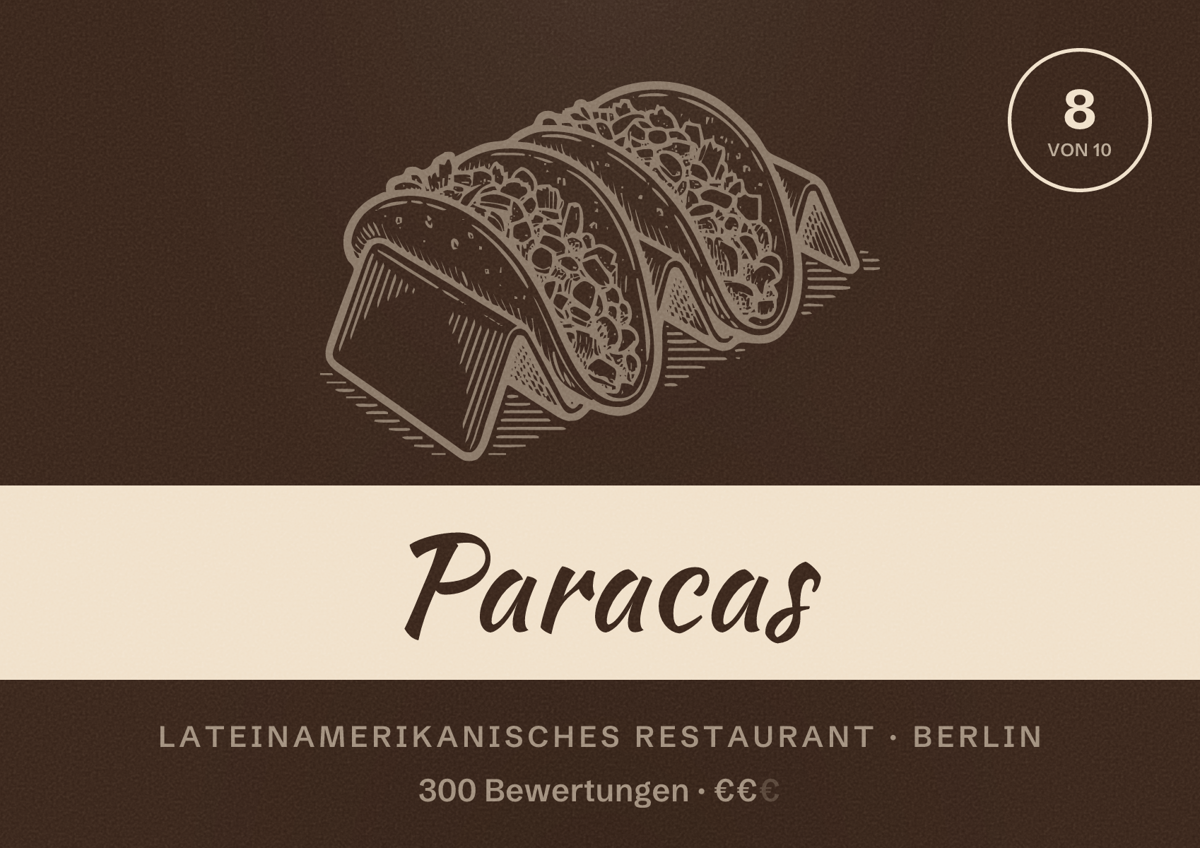 Illustriertes Poster von Paracas, Lateinamerikanisches Restaurant in Berlin: Bewertung 8,0 von 10 aus 300 Bewertungen, Preisniveau €€