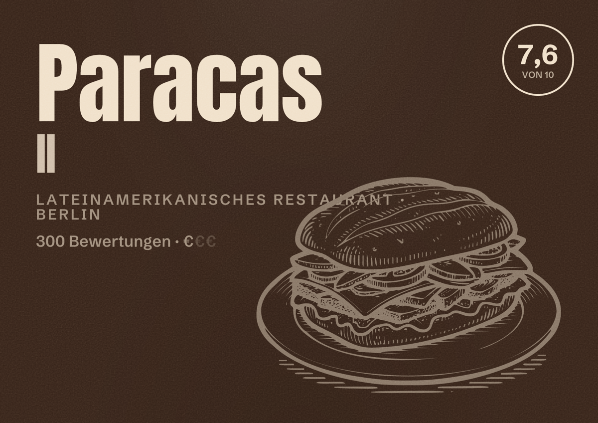 Illustriertes Poster von Paracas II, Lateinamerikanisches Restaurant in Berlin: Bewertung 7,6 von 10 aus 300 Bewertungen, Preisniveau €