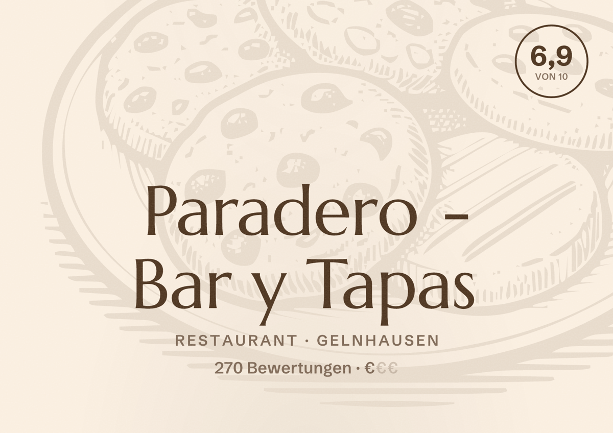 Illustriertes Poster von Paradero - Bar y Tapas, Restaurant in Gelnhausen: Bewertung 6,9 von 10 aus 270 Bewertungen, Preisniveau €