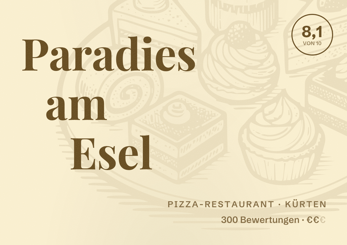Illustriertes Poster von Paradies am Esel, Pizza-Restaurant in Kürten: Bewertung 8,1 von 10 aus 300 Bewertungen, Preisniveau €€