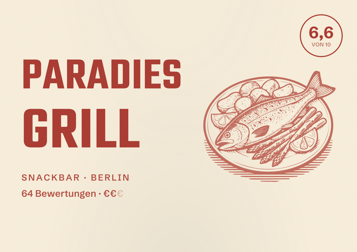 Illustriertes Poster von Paradies Grill, Snackbar in Berlin: Bewertung 6,6 von 10 aus 64 Bewertungen, Preisniveau €€