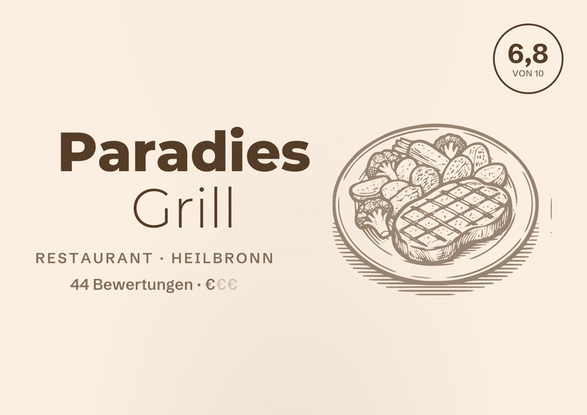 Illustriertes Poster von Paradies Grill, Restaurant in Heilbronn: Bewertung 6,8 von 10 aus 44 Bewertungen, Preisniveau €
