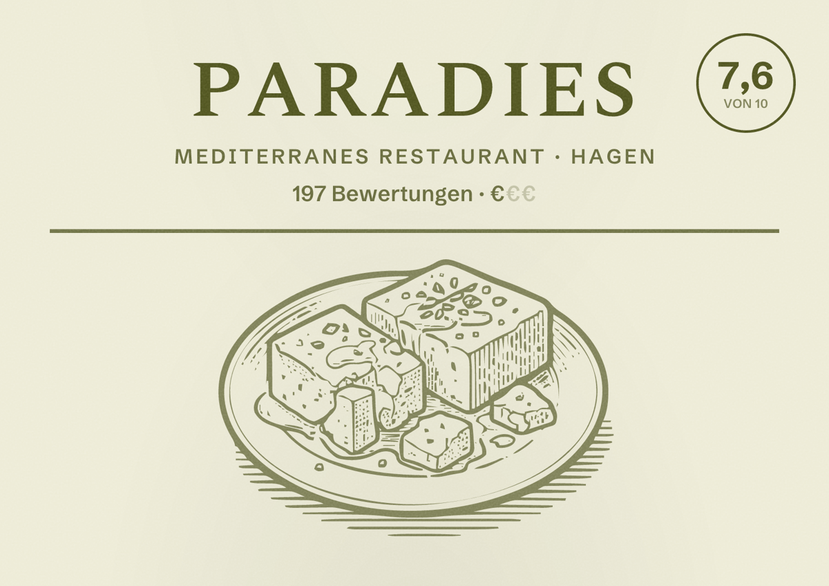 Illustriertes Poster von Paradies, Mediterranes Restaurant in Hagen: Bewertung 7,6 von 10 aus 197 Bewertungen, Preisniveau €