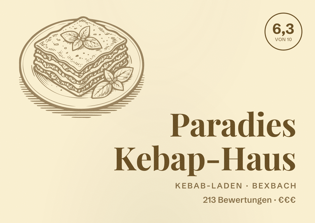 Illustriertes Poster von Paradies Kebap-Haus, Kebab-Laden in Bexbach: Bewertung 6,3 von 10 aus 213 Bewertungen, Preisniveau €€€