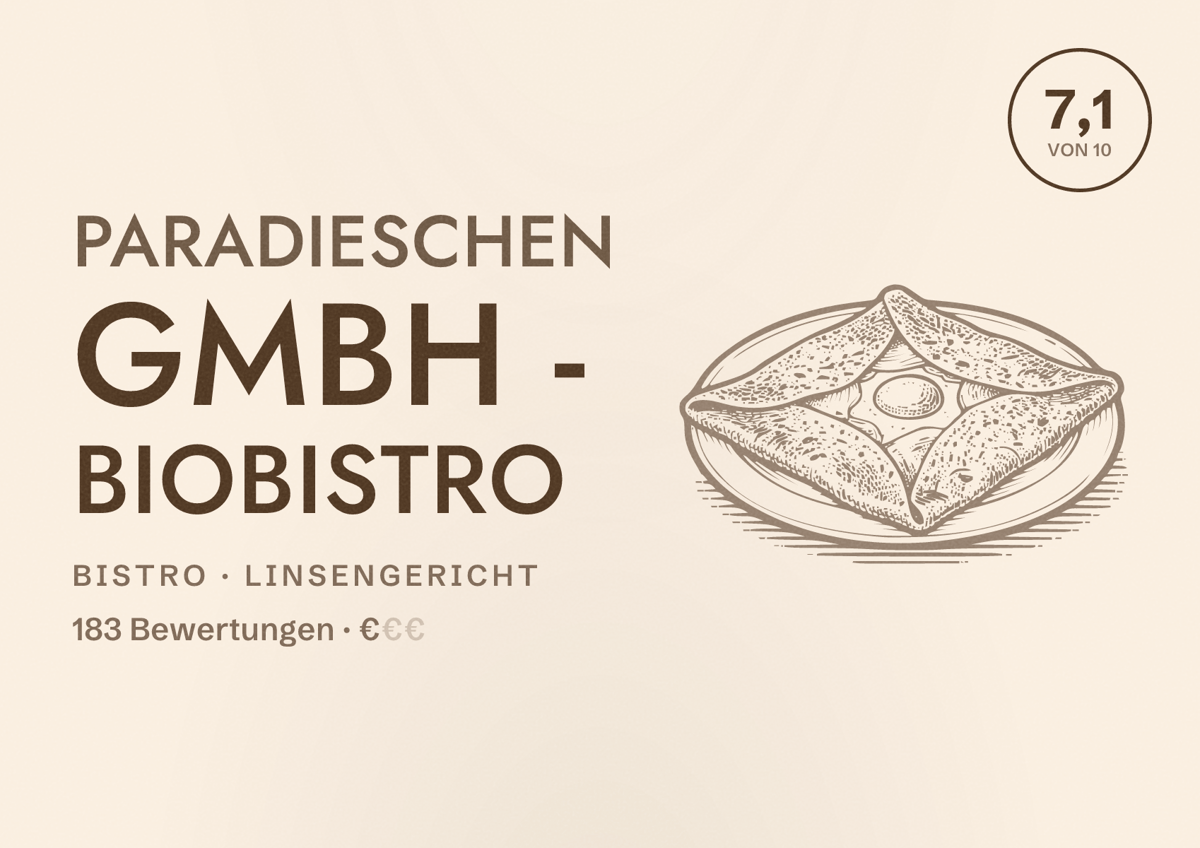 Illustriertes Poster von Paradieschen GmbH - Biobistro, Bistro in Linsengericht: Bewertung 7,1 von 10 aus 183 Bewertungen, Preisniveau €
