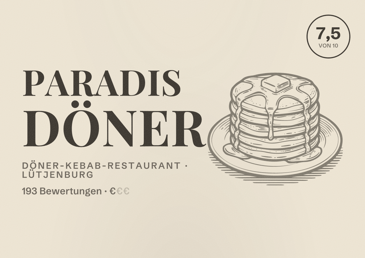 Illustriertes Poster von Paradis Döner, Döner-Kebab-Restaurant in Lütjenburg: Bewertung 7,5 von 10 aus 193 Bewertungen, Preisniveau €