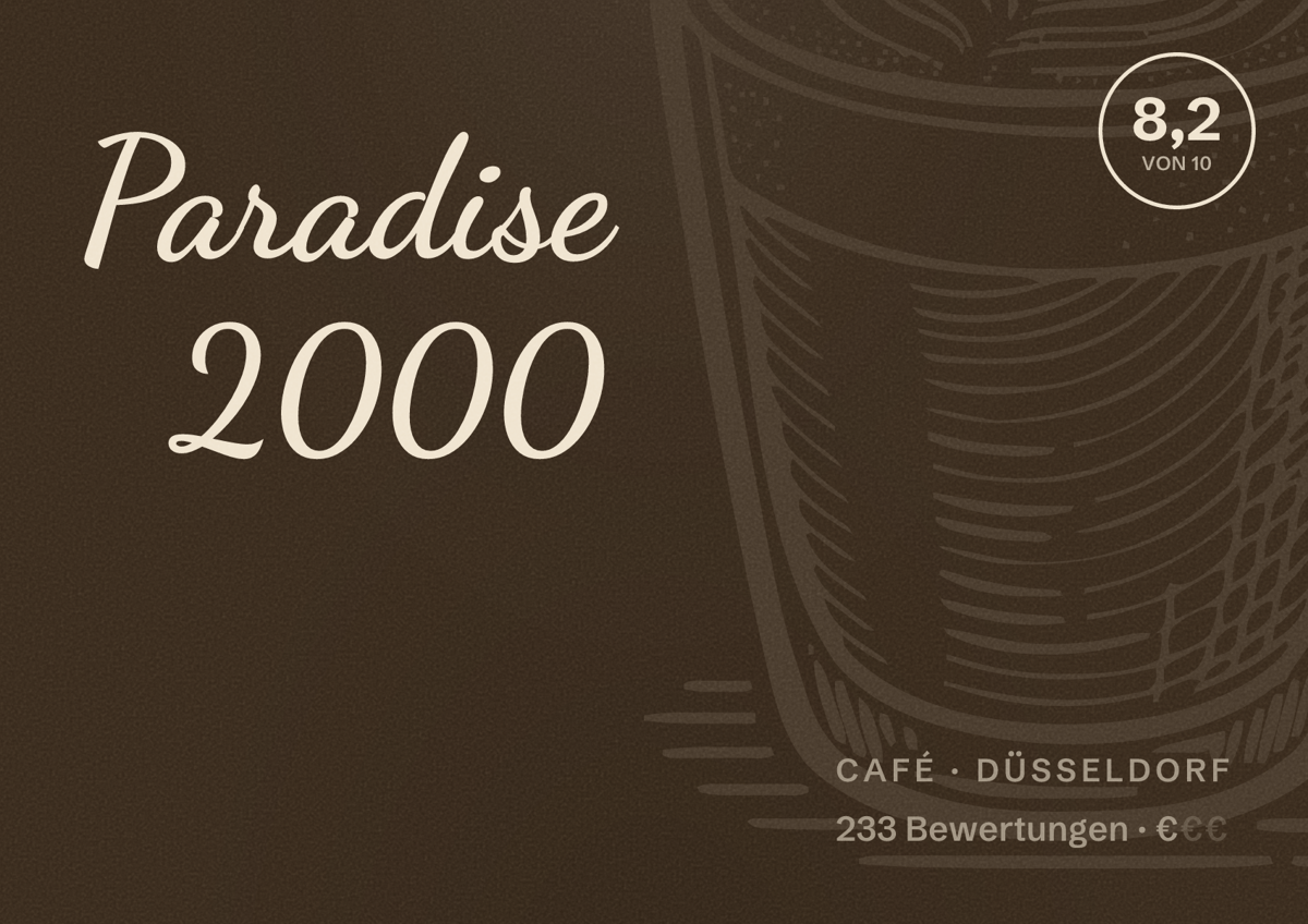 Illustriertes Poster von Paradise 2000, Café in Düsseldorf: Bewertung 8,2 von 10 aus 233 Bewertungen, Preisniveau €