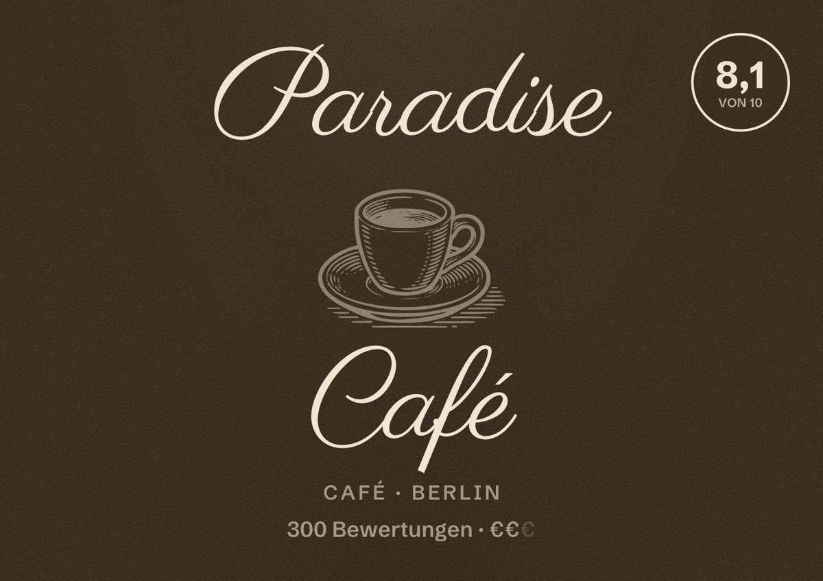 Illustriertes Poster von Paradise Café, Café in Berlin: Bewertung 8,1 von 10 aus 300 Bewertungen, Preisniveau €€